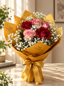 🌹 L’Heure Dorée – Quand la passion rouge embrasse la tendresse rose, le tout drapé d’un écrin d’or